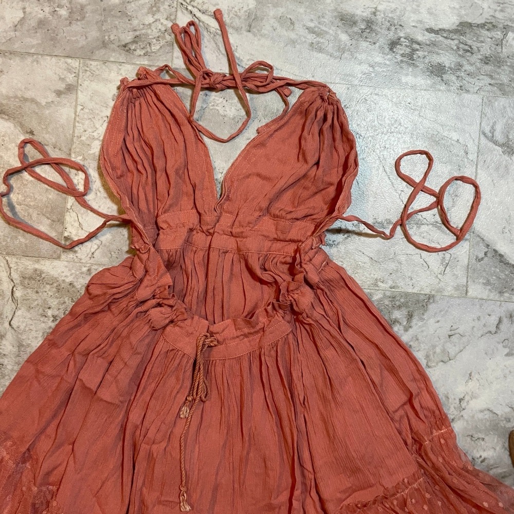Boho Terracotta Halter Mini Dress Sz Med Deep-V Backless Ruffle Lace Skirt - Picture 11 of 12